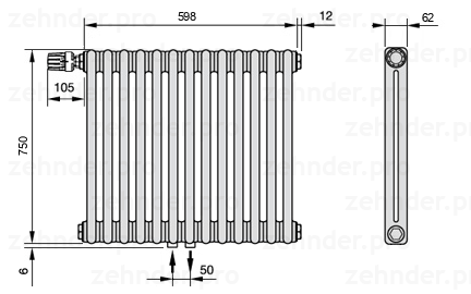 Схема (чертеж) Радиатор Zehnder Charleston 2075/13 №V007 Белый глянцевый RAL 9016